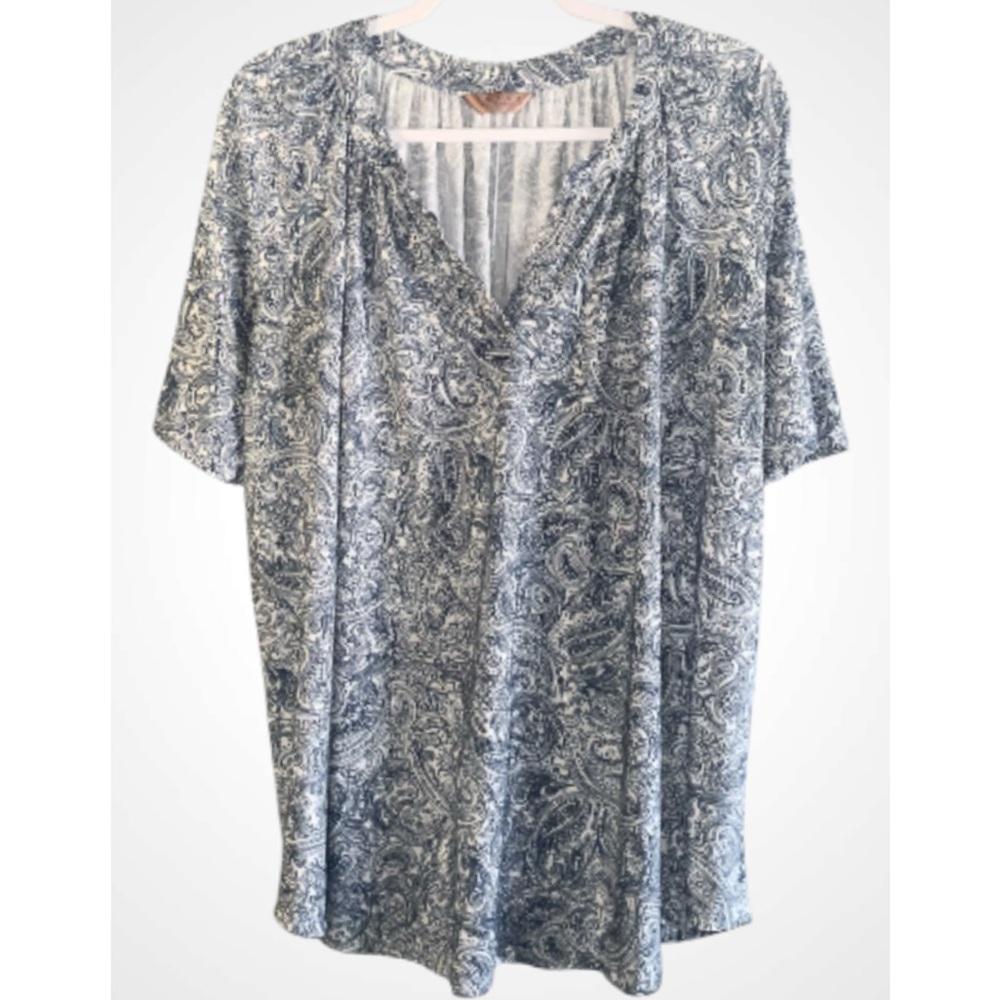 Amiana Blue and White Paisley Short Sleeve V-Neck Stretch Loose Fit Blouse 1X